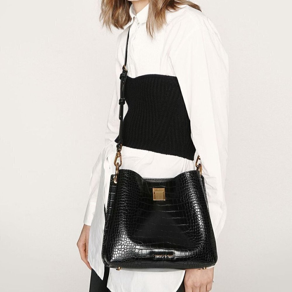 Marina Galanti Croc Bucket Messenger Black Leather Cross Body